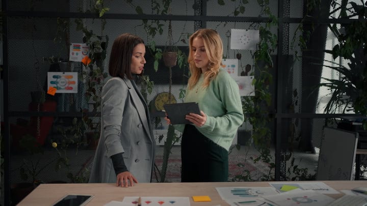 Collaborative Brainstorming Between Two Businesswomen In Modern Office