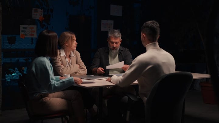Creative Professionals Engaged In A Late-Night Strategy Session