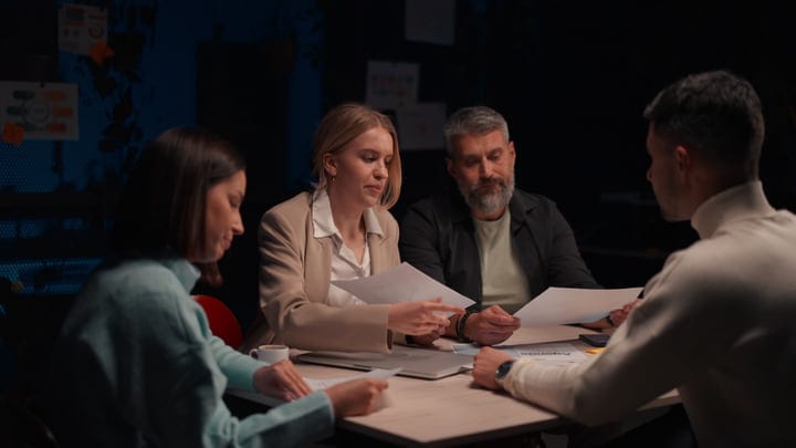 Collaborative Evening Meeting Illuminated By Warm Lighting