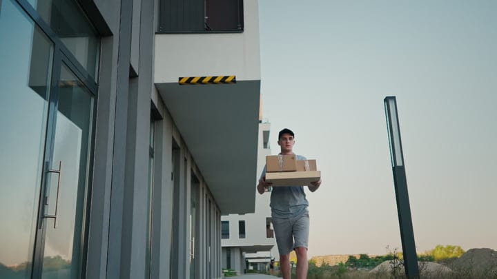Courier Navigates Modern Cityscape With Determined Focus