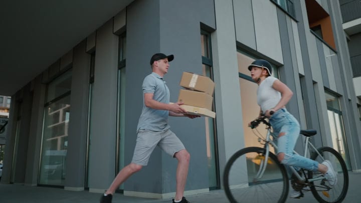 Courier Exchanges Packages With Cyclist On Urban Street