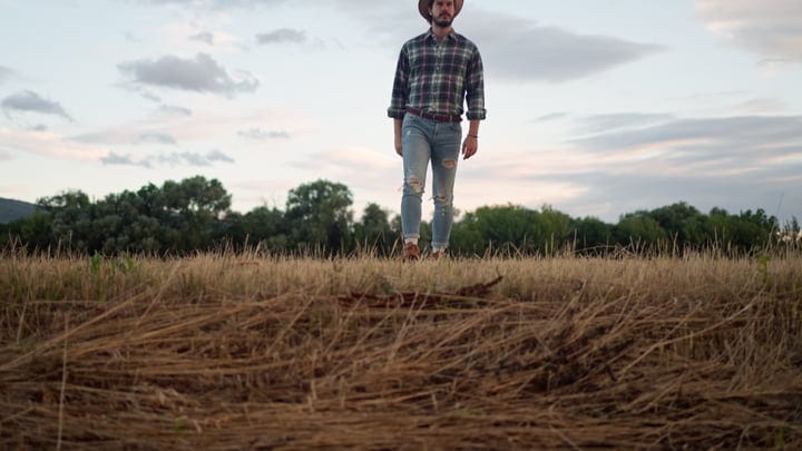 Young Farmer Walks Through Sunlit Harvest Field
