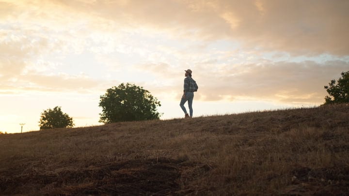 A Farmer Embraces Technology Under the Evening Sky