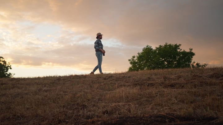 Solitary Farmer Ponders Progress At Dusk