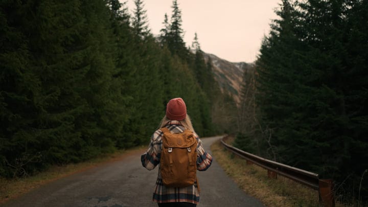 Woman in Flannel Explores a Serene Woodland Path