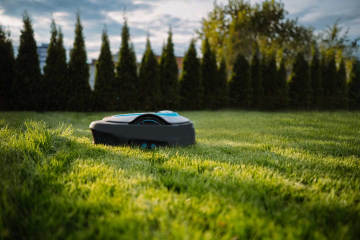 Robotic Lawn Mower Navigates A Sunlit Garden Path