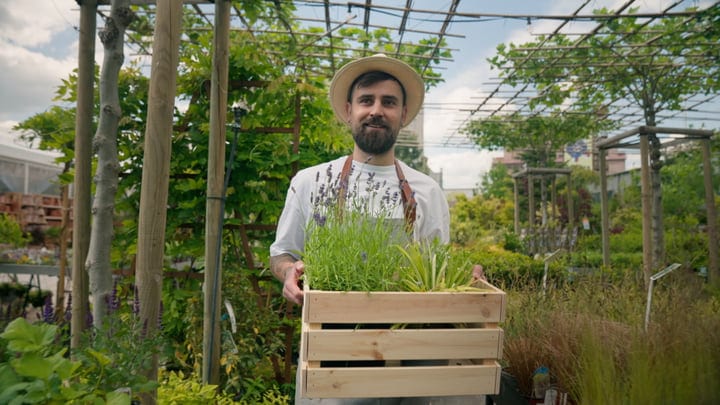 Gardener Smiling While Holding Herb Basket In Greenhouse