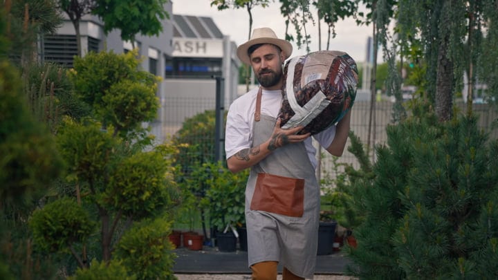 Modern Gardener Carries Mulch Through Lush Greenhouse