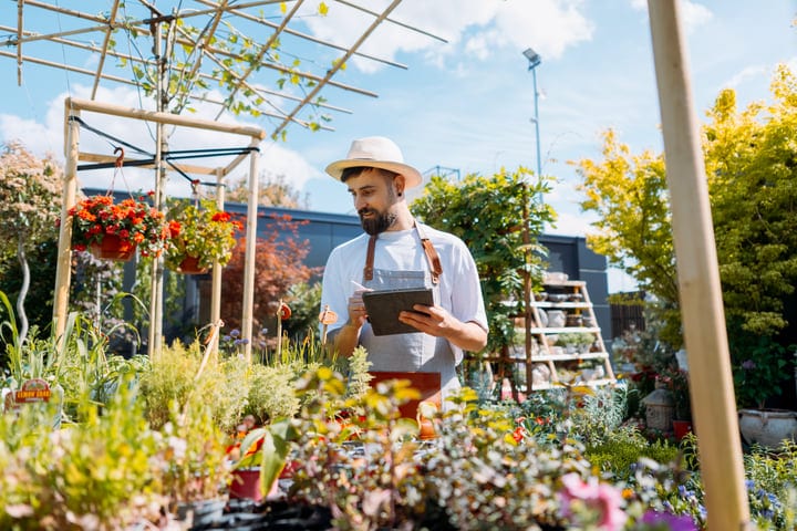 Gardener Tends Plants with Careful Observation Under Sunlit Trellis