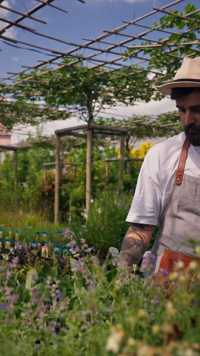 Tattooed Gardener Prunes Greenhouse Plants Under Blue Sky