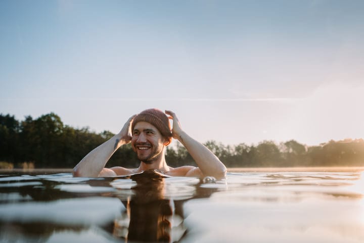 Joyful Morning Dip In Chilly Lake Waters