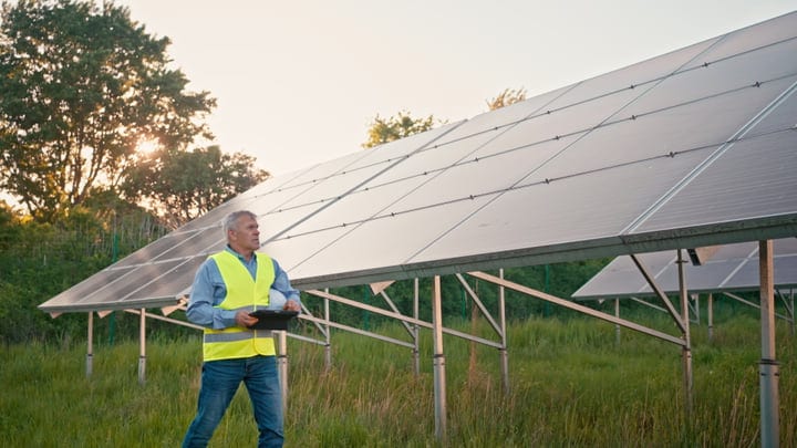 Engineer Evaluates Solar Panels Amidst Golden Sunset