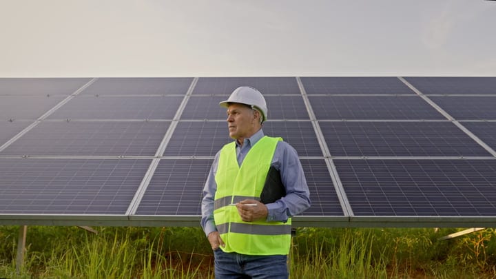 Solar Engineer Surveying Panels On A Sunny Day