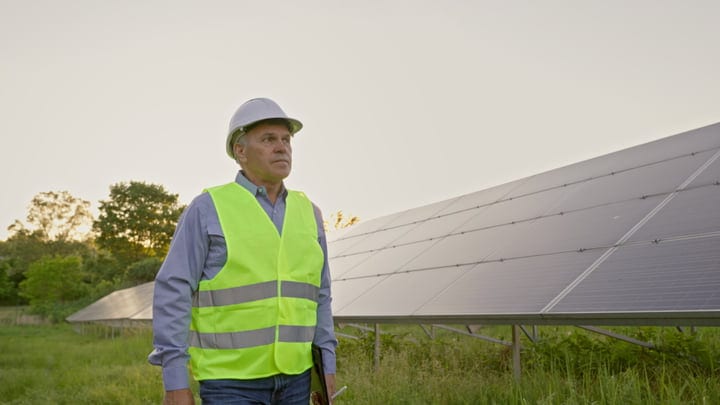 A Dedicated Engineer Surveys Solar Panels at Dusk