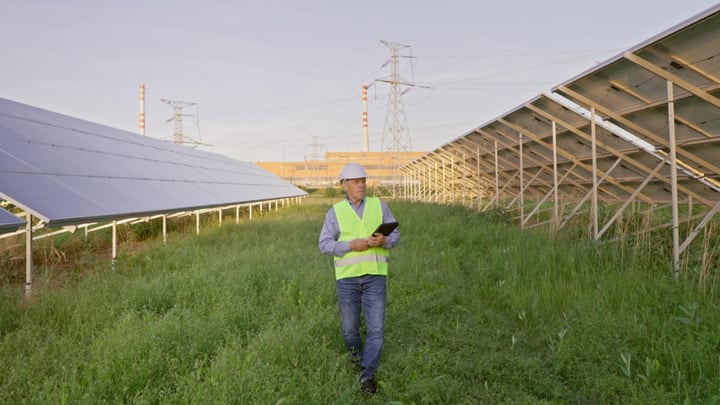 Engineer Inspects Solar Panels on a Bright Afternoon