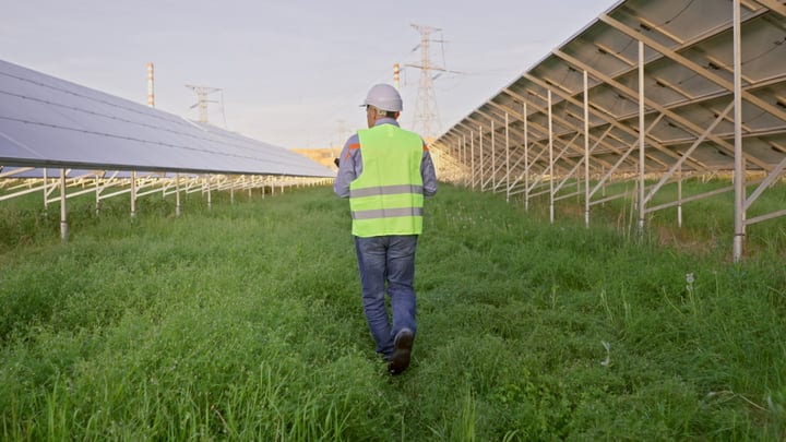 Engineer Surveys Solar Panels On A Sunny Day