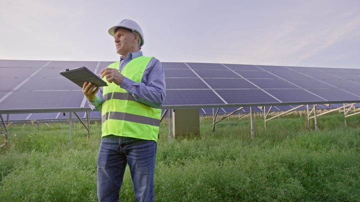 Engineer Reviews Solar Panels With Digital Precision Outdoors