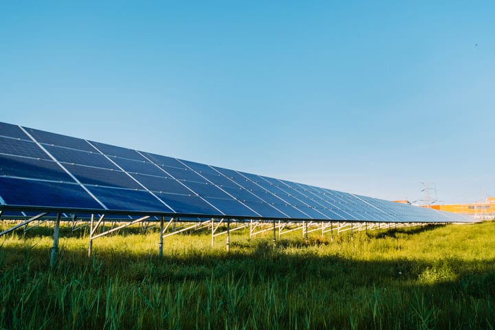 Solar Panels Gleaming Under Clear Blue Skies