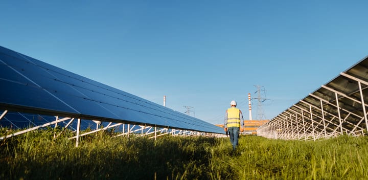 Engineer Walks Through Sunlit Solar Panel Fields