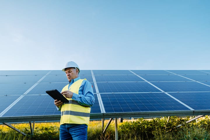 Seasoned Engineer Checks Solar Panels Under Clear Skies