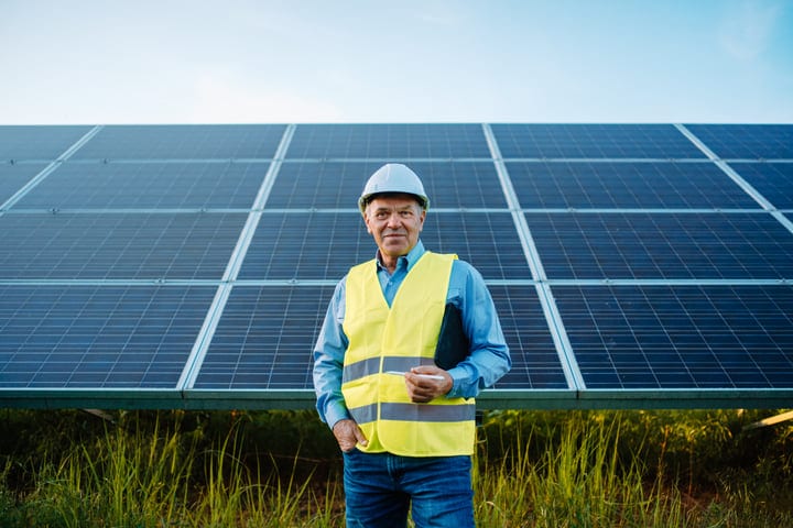 A Solar Engineer Conducts Inspection Under Blue Skies