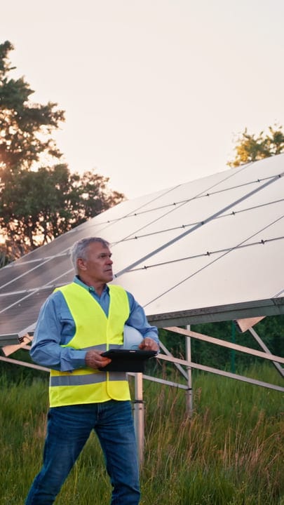 Senior Engineer Assessing Solar Panels At Sunrise