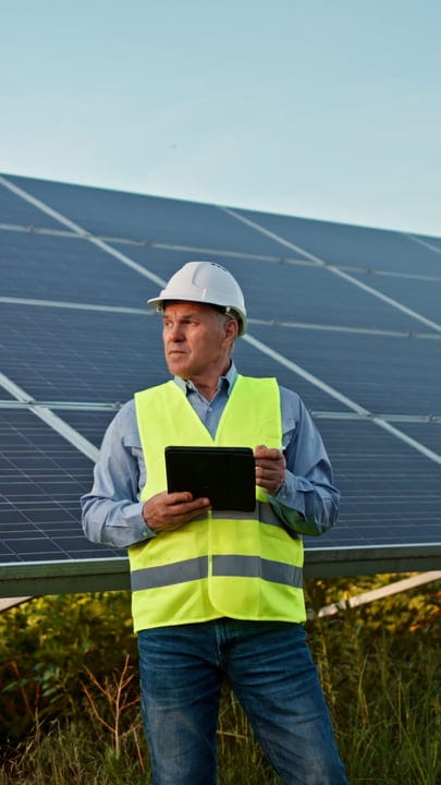 Engineer Analyzes Solar Panels Under Clear Blue Sky