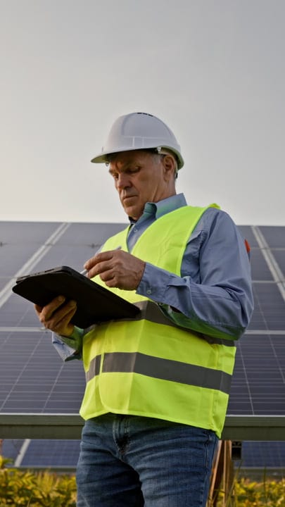 Focused Engineer Reviews Solar Panel Data On Site