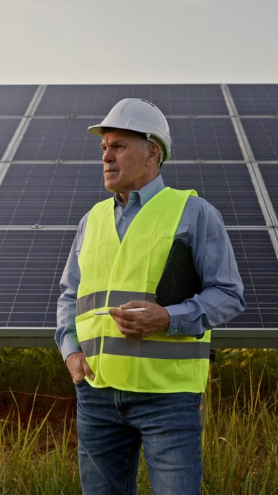 Seasoned Engineer Surveys Solar Panels At Dusk