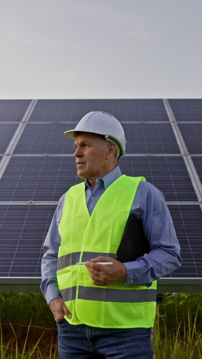 Seasoned Engineer Inspects Solar Panels Under Cloudy Skies