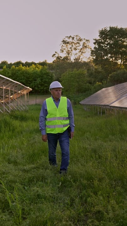 Engineer Surveys Solar Panels In Lush Greenfield Setting
