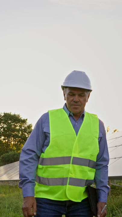 Experienced Engineer Inspects Solar Panels at Dusk