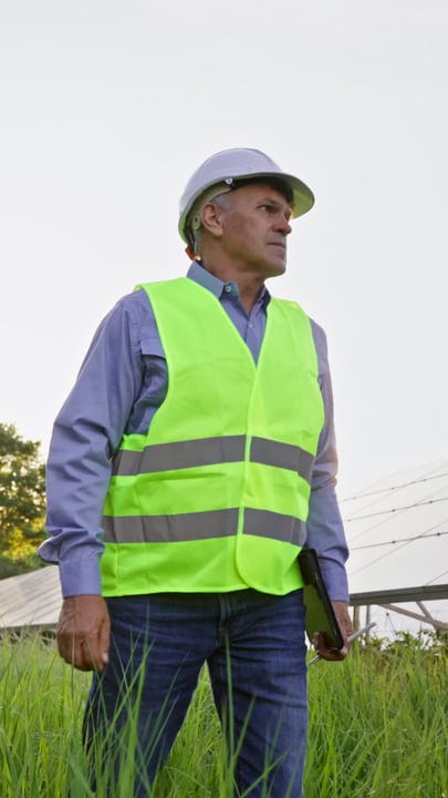 Focused Engineer Surveys Solar Panels Under Clear Sky