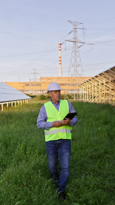 Solar Engineer Conducts Inspection Amidst Verdant Panels