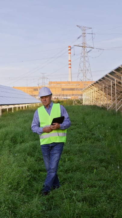An Engineer Surveys Solar Panels Under Clear Skies