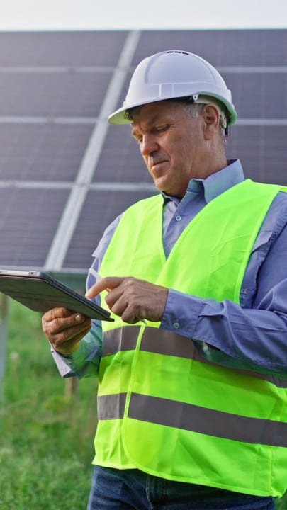 Engineer Reviews Solar Panel Data Under Bright Skies