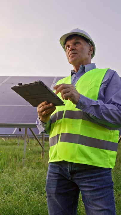 Focused Engineer Conducts Solar Panel Check With Tablet