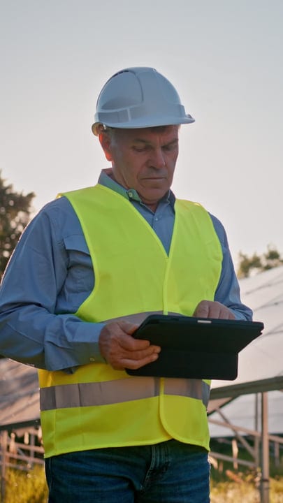 Solar Engineer Conducts Inspection With Digital Tablet