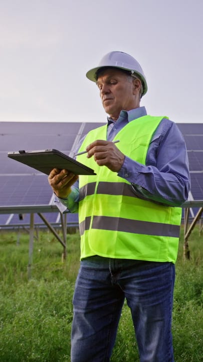 Focused Engineer Conducting Inspection Of Solar Panels