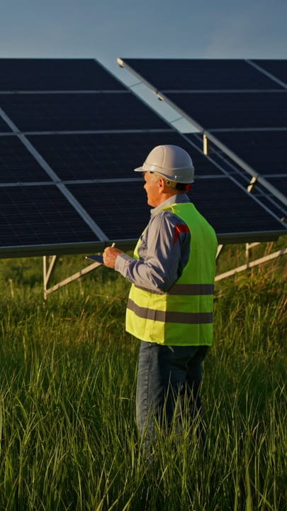 Solar Engineer Evaluates Panels Under Golden Light