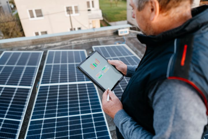 Engineer Analyzes Solar Panel Data On Rooftop Tablet