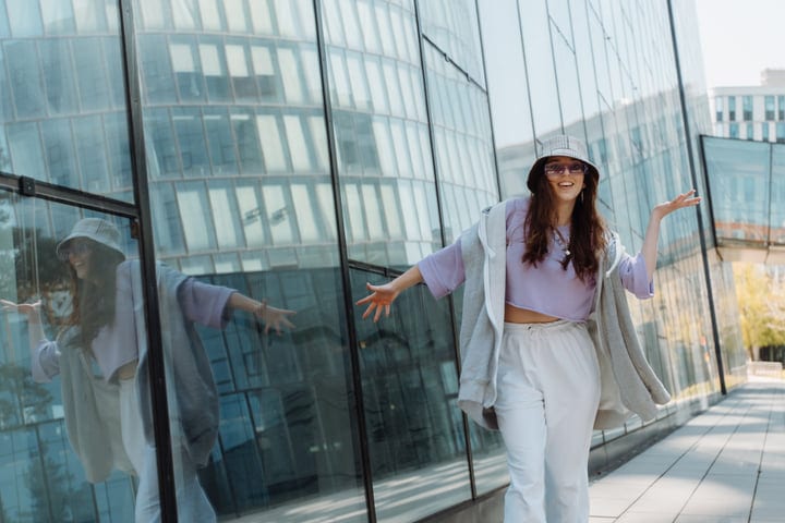 Joyful Street Dancer Reflects Urban Rhythm