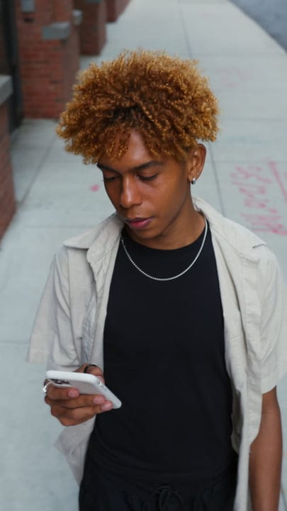 Young Man Engrossed In His Smartphone On NYC Street