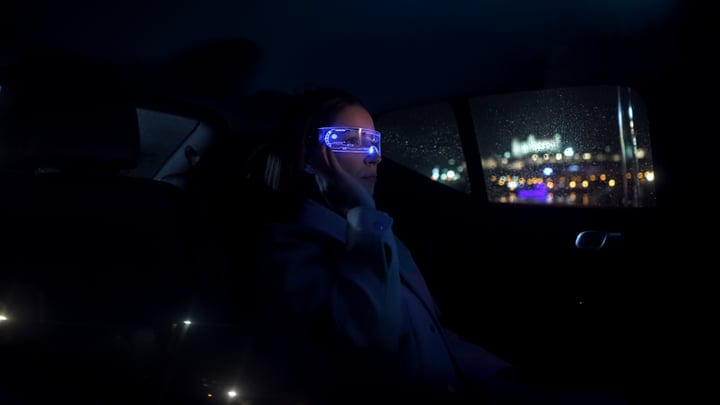 A Businesswoman Navigates The Night With Futuristic Glasses