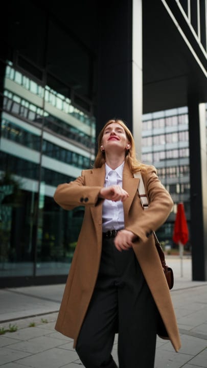 Confident Businesswoman Checks Watch Outside Vienna Cafe