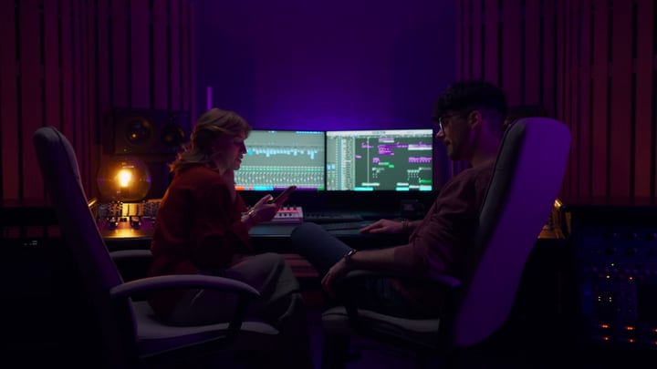 Creative Minds Collaborate In A Dimly Lit Music Studio