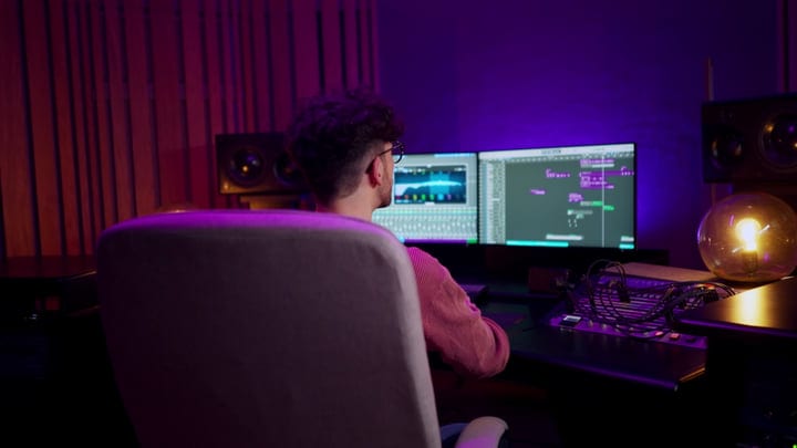 Focused Producer Navigates Audio Waves In Studio Glow