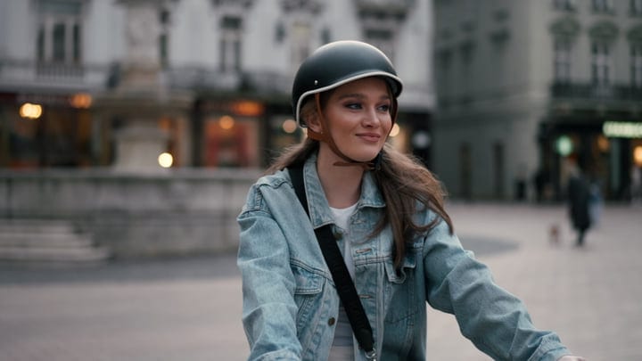 Young Woman Wearing Helmet Cycling Through European City Street At Dusk