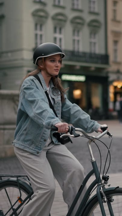 Young Woman Pedals Through Bustling City Streets