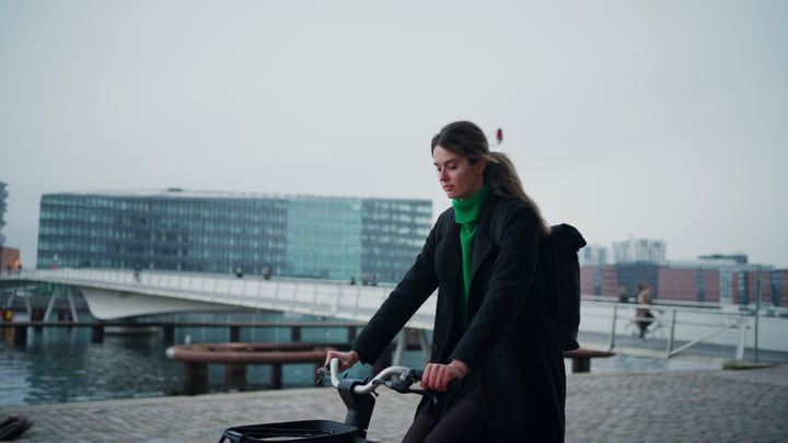 Businesswoman Pedals Through Copenhagen's Scenic Waterfront